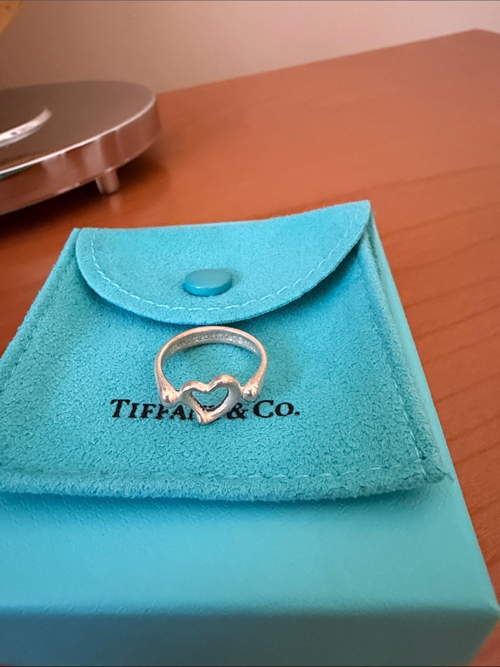 Tiffany & Co. Sterling Silver Open Heart Ring with Tiffany Blue Pouch SIZE 4.5